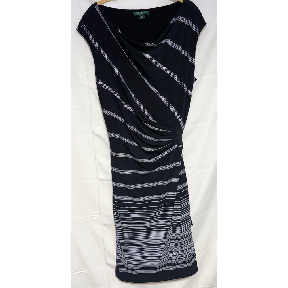 Lauren Ralph Lauren Dress Womens 18 Black‎ White Striped Side Tie Ruched Sheath